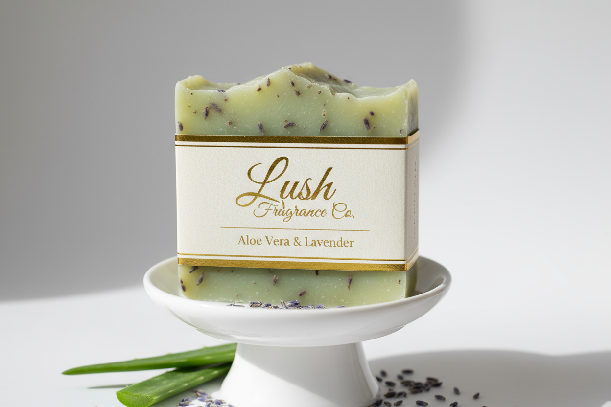 aloe vera with lavender soap bar with label saying Lush Fragrance Co